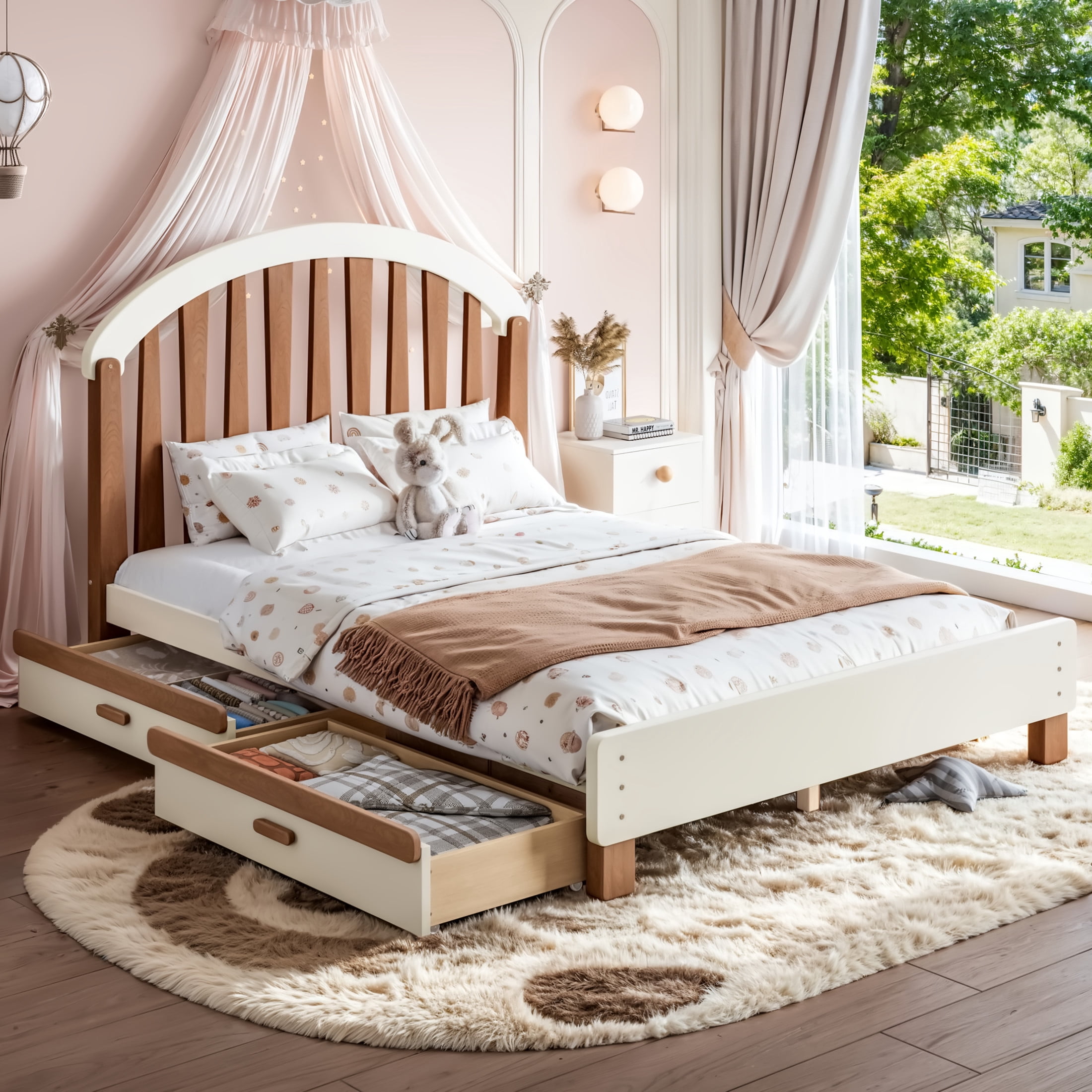 GDF Studio Full Size Platform Bed with Storage Drawers, Round Headboard, No Box Spring Needed, Beige+Brown