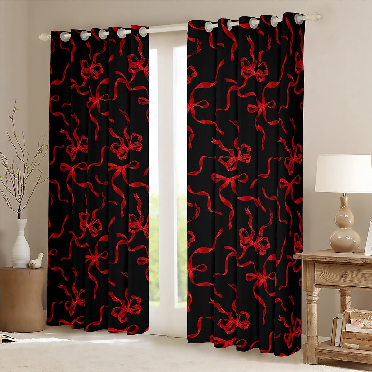jejeloiu Cartoon Bowtie Blackout Curtains Set of 2 (52x84 Each),Bow Bowknot Window Curtains,Red Black Curtains and Drapes For Girl,Microfiber Room Decor
