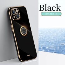 Electroplated Case for iPhone 14, Glossy Soft Silicone Shockproof Anti-Drop Lens Protection Cover with Ring Holder Kickstand Bracket Ultra Slim Case for iPhone 14,Black