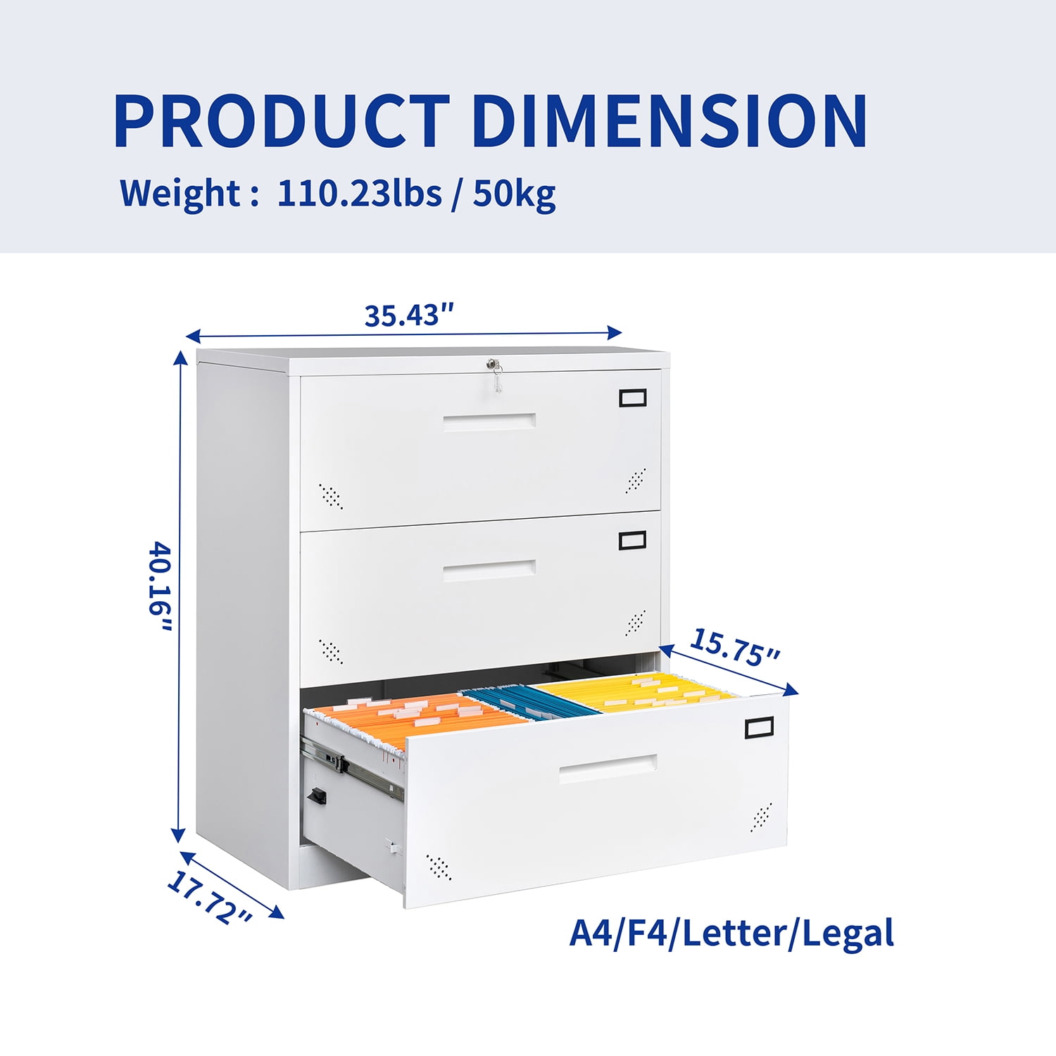 Kadyn Lateral File Storage Cabinet, 3 Drawer Filing Cabinet with Lock, Steel Office Wide File Cabinet for Home Office, White Kadyn Lateral File Storage Cabinet, 3 Drawer Filing Cabinet with Lock, Steel Office Wide File Cabinet for Home Office, White