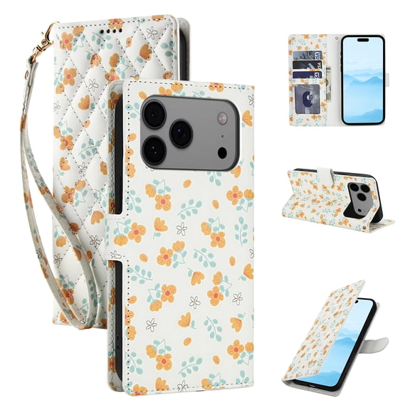for iPhone 17 Pro Max Wallet Case Women Girls, Cute Floral Pattern PU Leather Flip Phone Cover with Card Holder, Kickstand, Wrist Strap, Protective Purse Case for iPhone 17 Pro Max, Pattern-C