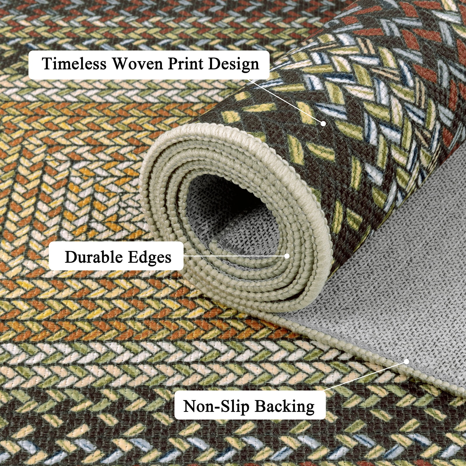 Braided Jute Print Area Rug Washable Non-Slip Pet Friendly Carpet with Concentric Design, Stain Resistant for Living Room, Bedroom & Home Office