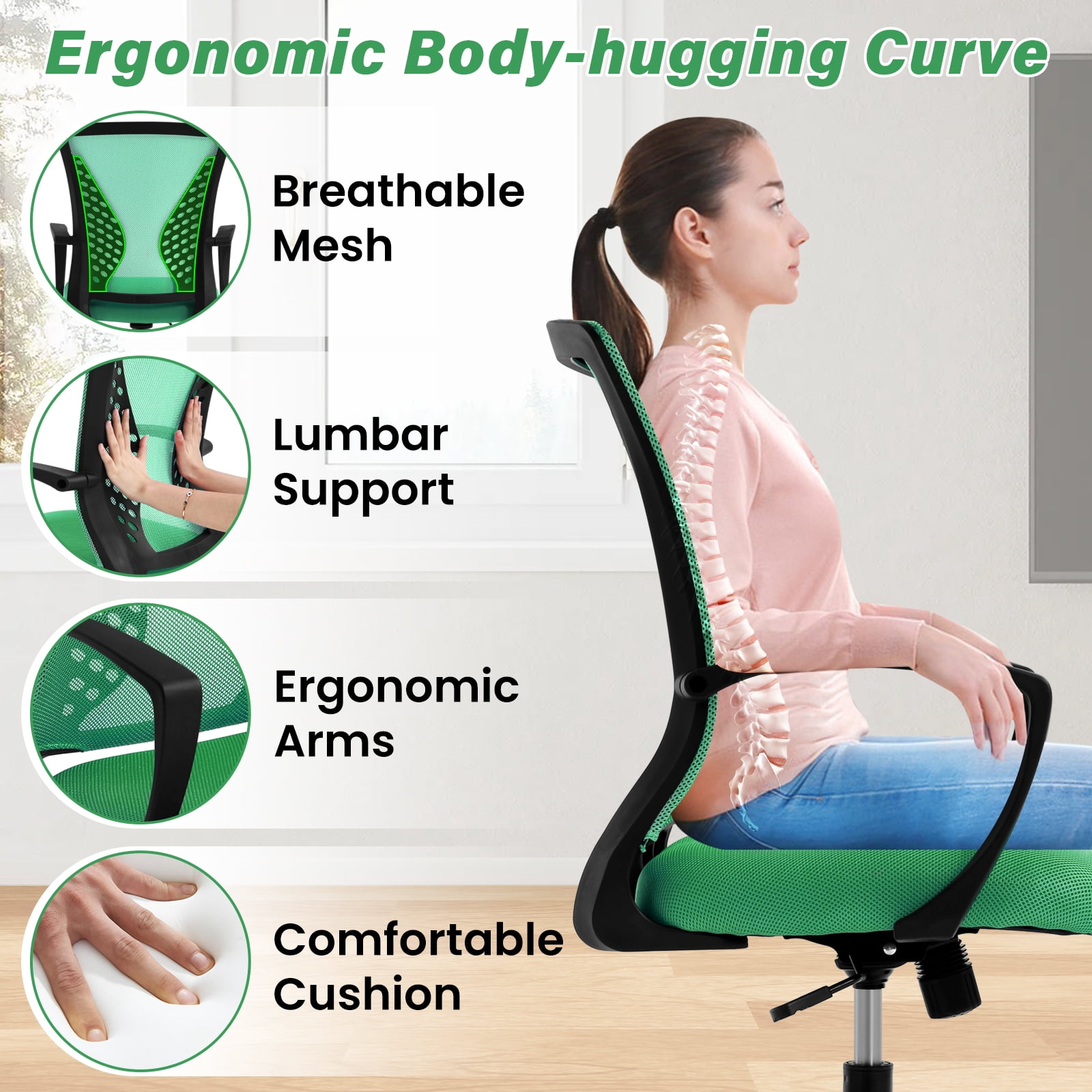 Dkelincs Office Desk Chair Adjustable Mesh Mid Back Office Chair Ergonomic Computer Chair with Lumbar Support & Wheels, Green