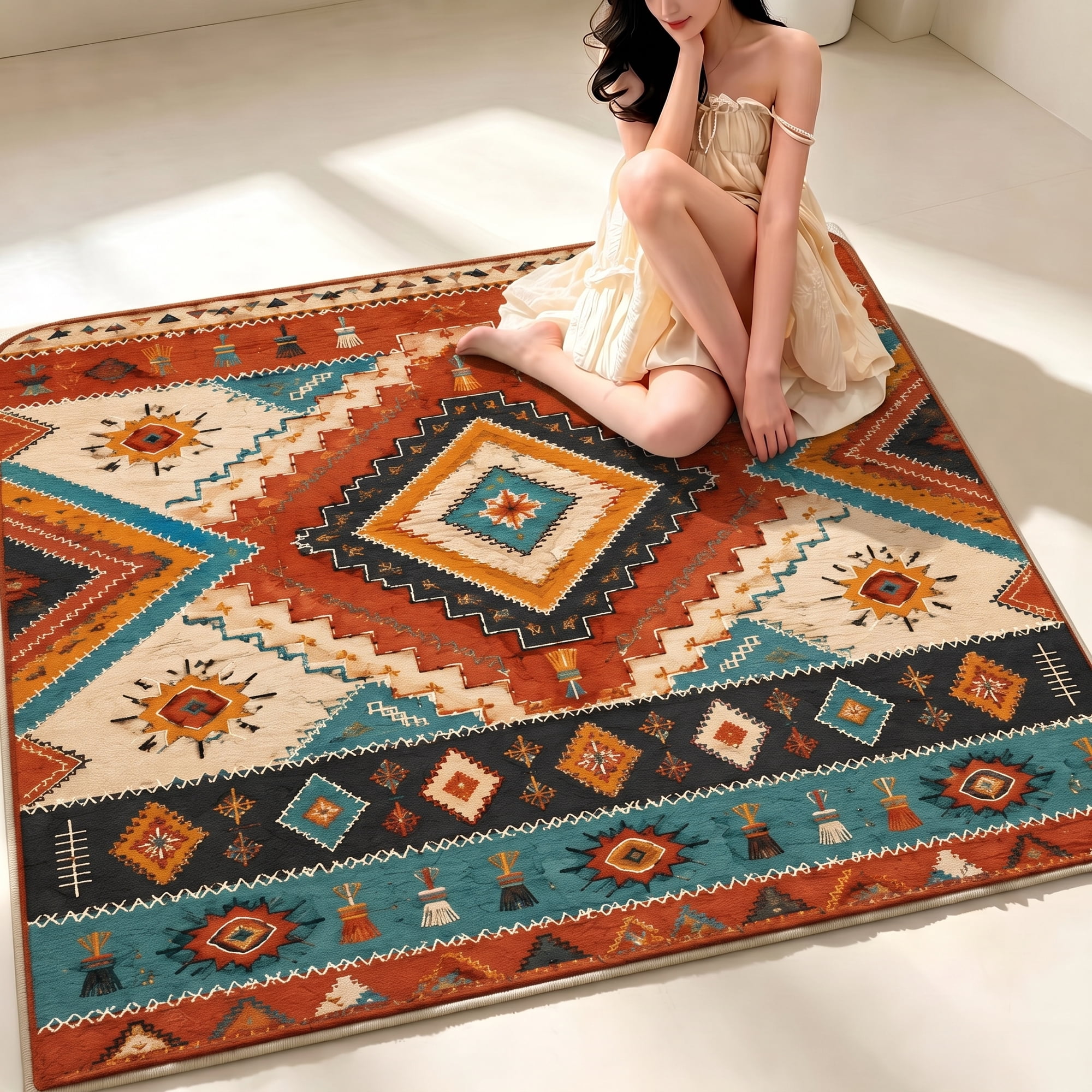 Southwestern Velvet Area Rug, 200 x 300 cm Large Geometric Carpet with 4.5 cm High Pile, Sponge Layer and Non-Slip Backing for Living Room, Bedroom and Christmas Eve Decor