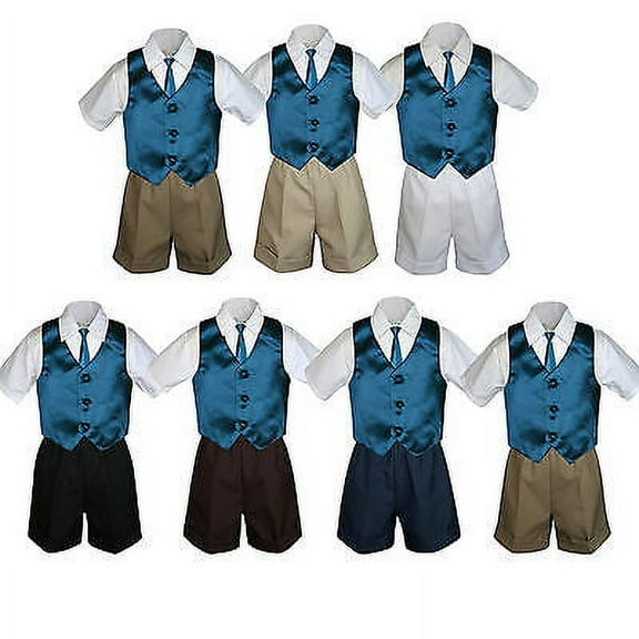 4pc Set Boy Toddler Formal Green Teal Vest and Necktie Black Khaki Shorts S-4T