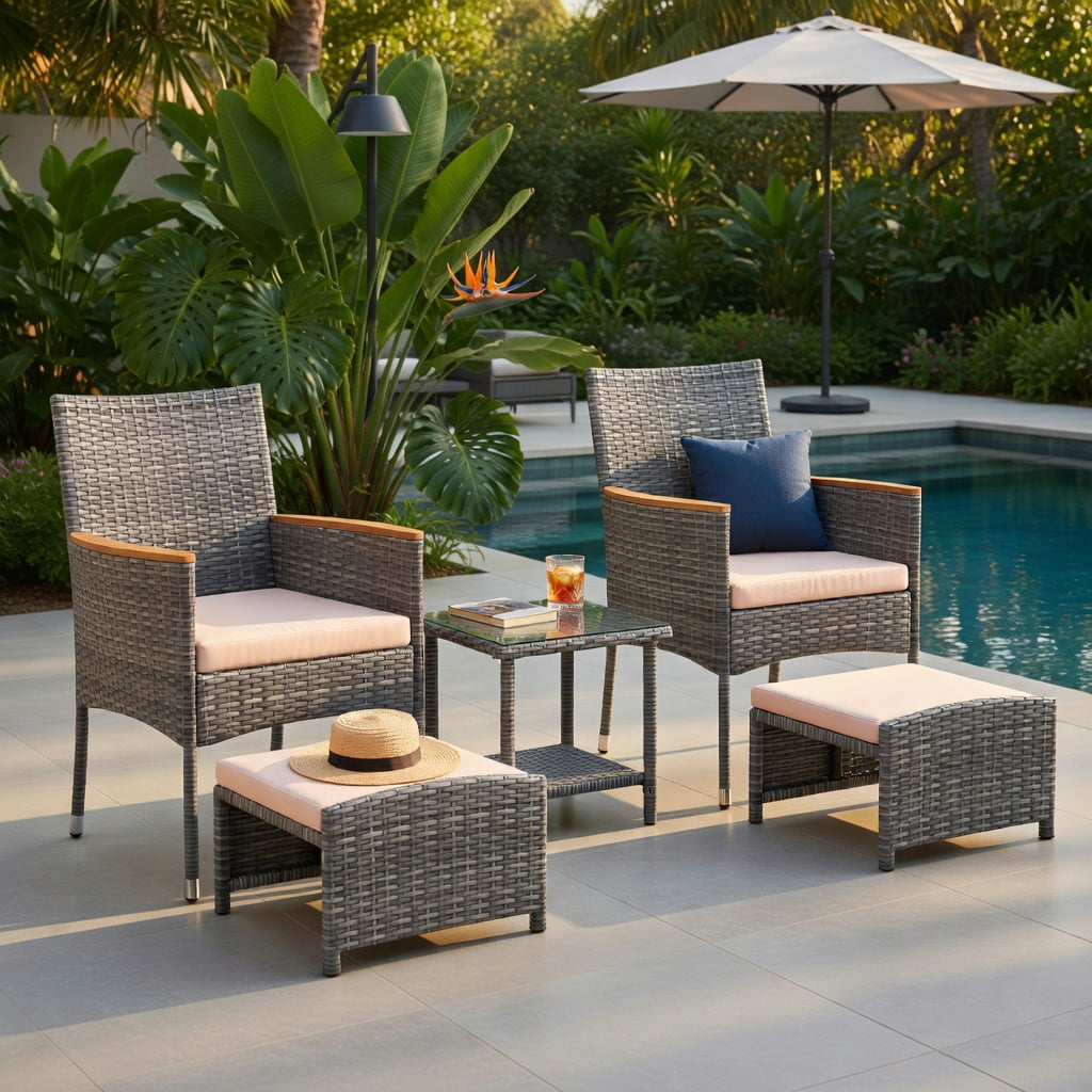 Hommoo 5-Piece Outdoor Patio Conversation Set with PE Rattan Armchairs, Ottoman Footrests & Tempered Glass Side Table, Weather-Resistant, Space-Saving, Easy-Clean Cushions, Brown