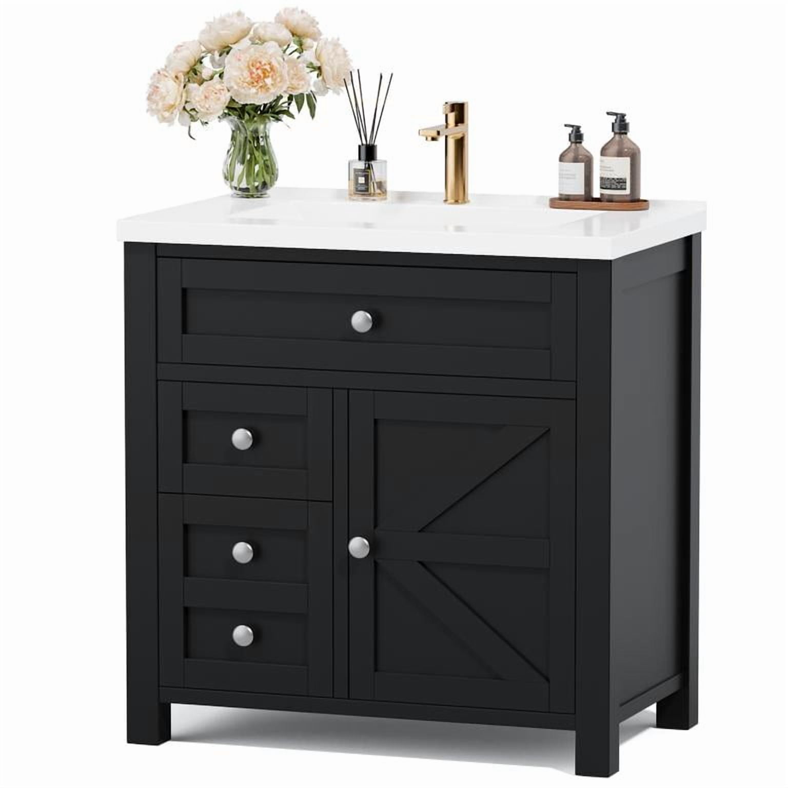 Lacoo 30'' Bathroom Vanity with Resin Sink, Wood Bathroom Storage Cabinet with Drawers and Shelves for Bathroom, Black