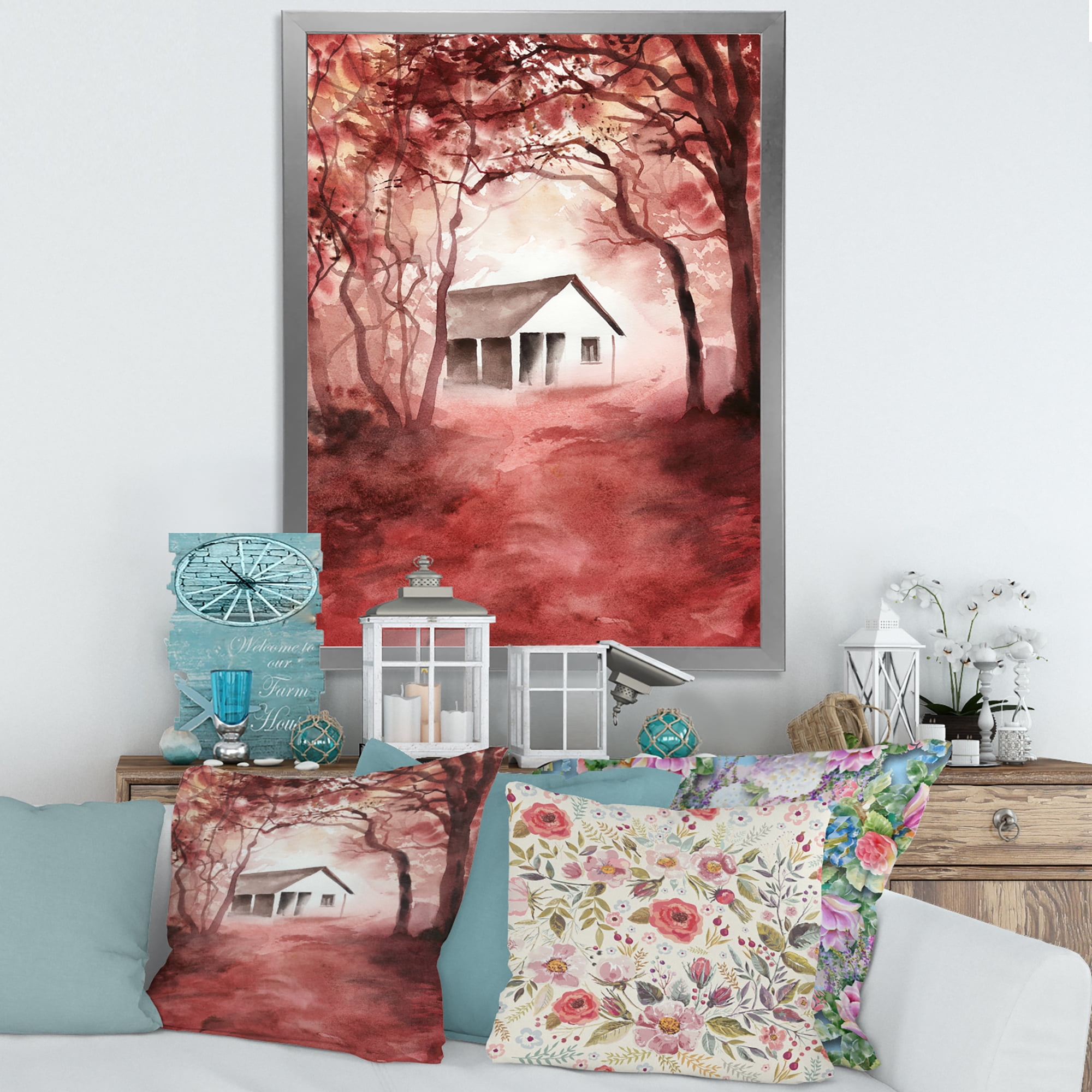Designart 'Red Autumn Woods and A House in Wild' Cabin & Lodge Framed Art Print