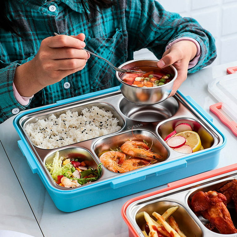 5 Compartments Lunch Box Stainless Steel Leak-Proof Bento Boxes Soup Container School Dinnerware(Blue)
