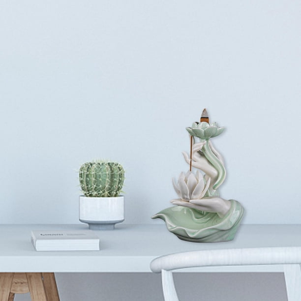 Quemador de de reflujo meditación decoración soporte de fuente de humo ornamento humo cerámica cascada para habitación Yoga Loto blanco celadón Soledad Quemador de incienso de reflujo