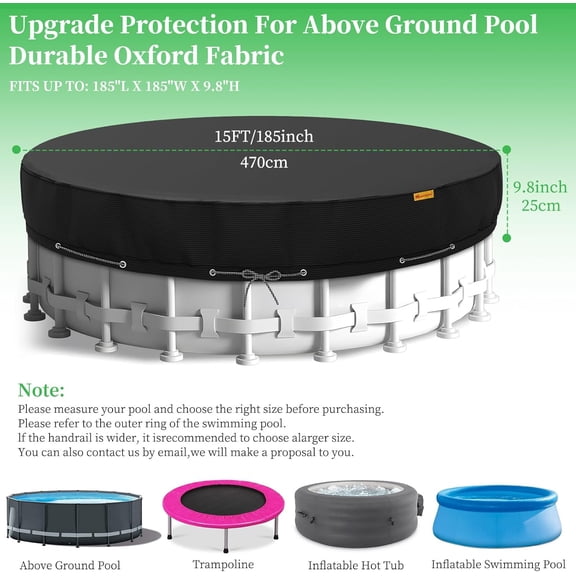 15FT Round Pool Cover - Heavy Duty Waterproof for Above Ground Pools, Black