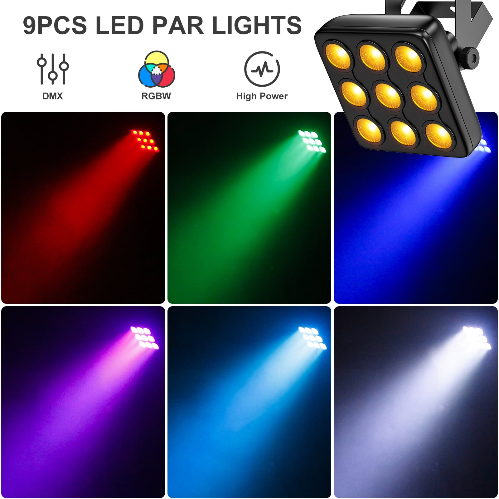 4-Pack Par Lights,RGBW 9PCS LEDs Square DJ Light Stage Effect Lighting with Remote Controller 8CH DMX512 for Party KTV