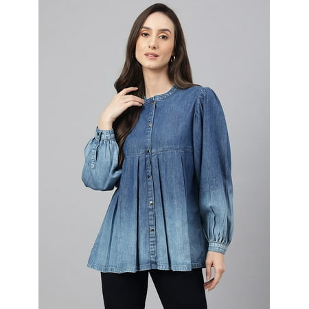 Janasya Indian Women's Blue Denim Faded Flared Top