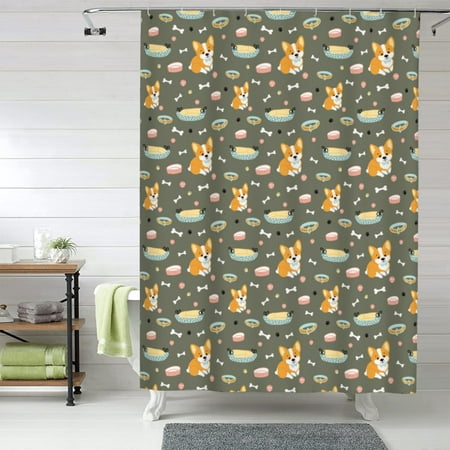 Shower Curtain Funny Cute Corgi Dog Collar Waterproof Fabric Plastic Shower Curtain Drying Fast Bathroom Curtain with 9 Buttonholes Ruffle Shower Curtain 60x72in