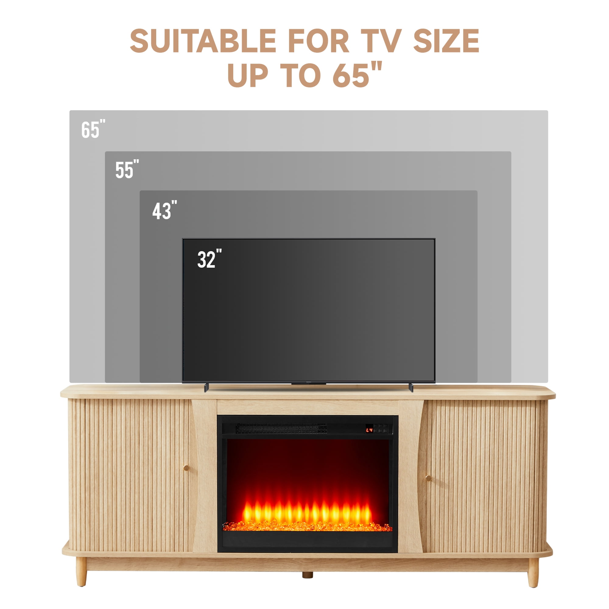 Weselon Modern Curved 63" Fireplace TV Stand with 24" Electric Fireplace for TVs Up to 60", Entertainment Center with Storage Drawer and Open Shelves,Oak