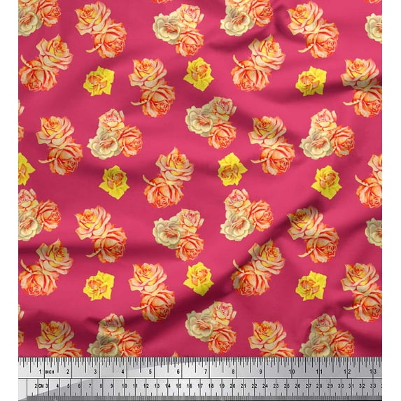 Soimoi Pink Cotton Poplin Fabric Grandiflora Roses Floral Print Sewing Fabric Yard 42 Inch Wide