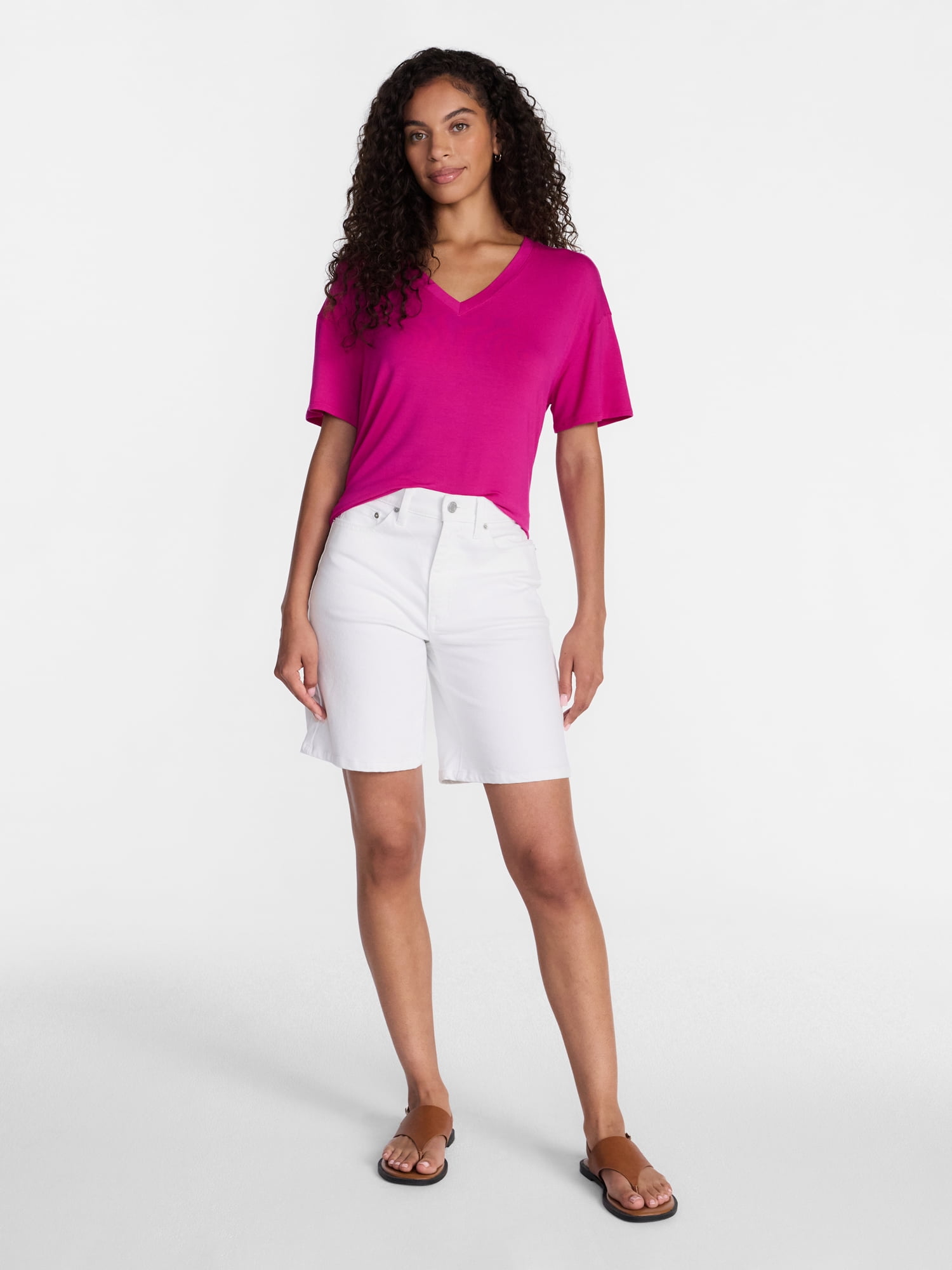 Time and Tru Women's V-Neck Tunic Tee with Short Sleeves, Sizes XS-XXXL