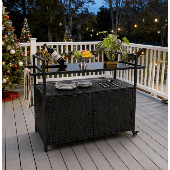 Outdoor Wicker Bar Cart, Portable Mobile Bar Table with Large Capacity Storage Cabinets ,Glass Countertop, Kitchen Island Cart, for Gardens, Pools, Patios, Outdoors, Black.