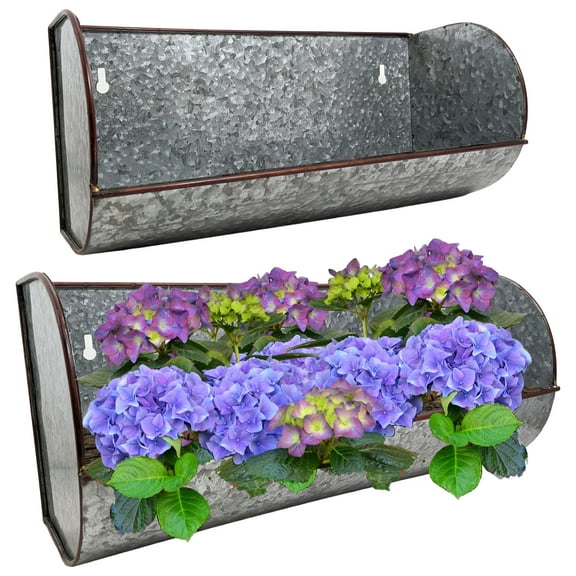 2 Piece Galvanized Wall Mount Flower Pot Set, Includes Two Different Size Planters for Indoor or Outdoor Use, Rustic Country Farmhouse Look, Silver Color with Burgundy Trim - by SciencePurchase