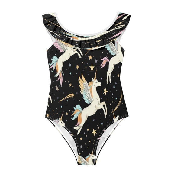 Girls Ruffled One Piece Swimsuit Summer Beach Vacation Swimwear Tank Swimsuit Winged Unicorns