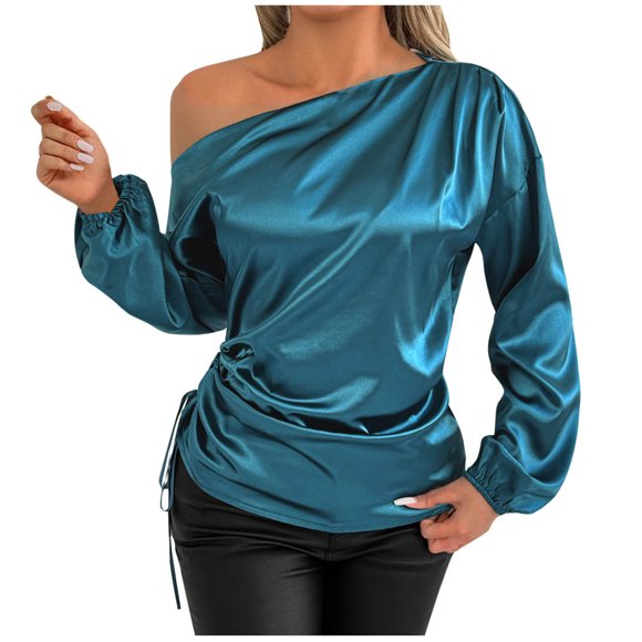 Lenpel Women's Satin Tops off One Shoulder Lantern Long Sleeve Asymmetrical Neck Ruched Dressy Blouses Loose Party Casual Shirts