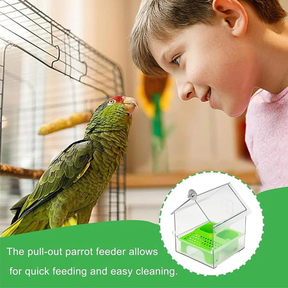 Pull-Out External Parrot Feeder - Dual-Chamber Mess-Free Bird Feeder for Window/Cage