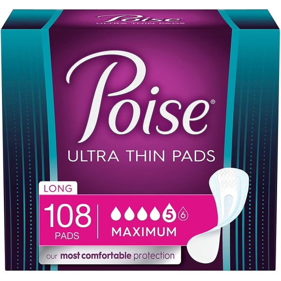 Poise Ultra Thin Incontinence Pads for Women, Maximum Absorbency, Long Length, 108 Count (3 Packs of 36) (Packaging May Vary)