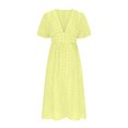 thumbnail image 4 of Mikilon Robes d'Été pour Femmes Ensemble Jupe Sexy Lanterne Manches Courtes Robe à Carreaux Sexy Col en V Profond Robes de Mode Décontractées Taille Haute Robe de Soirée Unie avec Fente Jaune L, 4 of 6