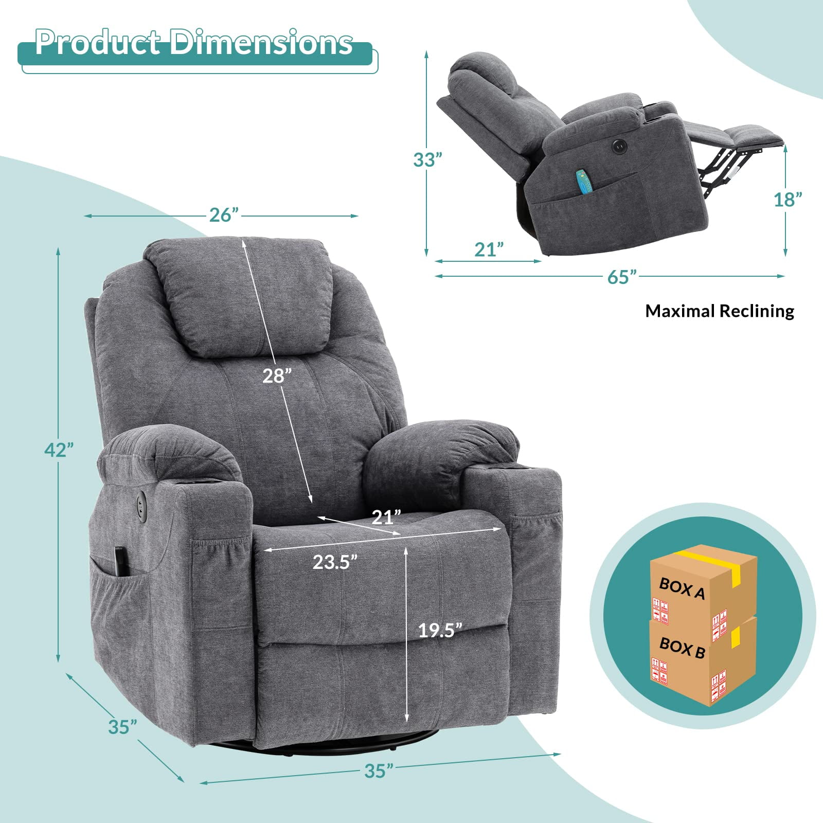MEETWARM Massage Recliner with Heat, Swivel, Rocker, USB Ports & Cup Holders, Gray