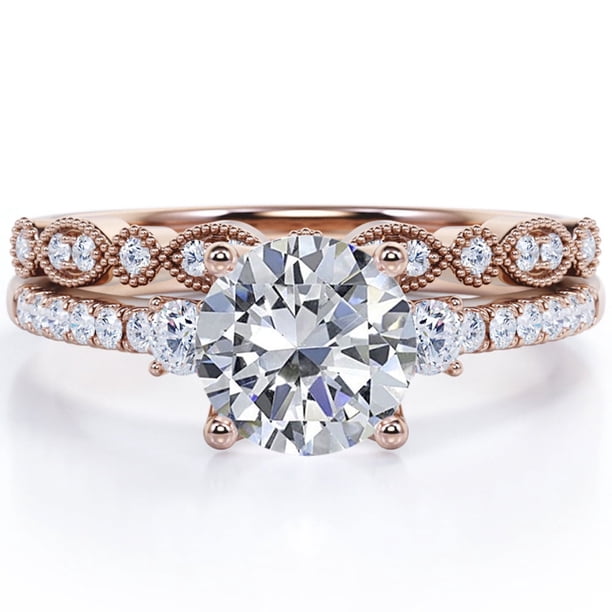 JeenMata Anillo de Bodas con Trilogía Moissanita Redonda de 1,75 Quilates, Diseño Vintage, Milgrain de Filigrana, Pavé, Baño de Oro Rosa de 18 K sobre Plata