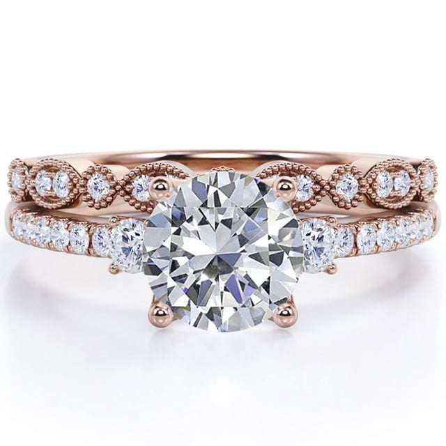 JeenMata Anillo de Bodas con Trilogía Moissanita Redonda de 1,75 Quilates, Diseño Vintage, Milgrain de Filigrana, Pavé, Baño de Oro Rosa de 18 K sobre Plata