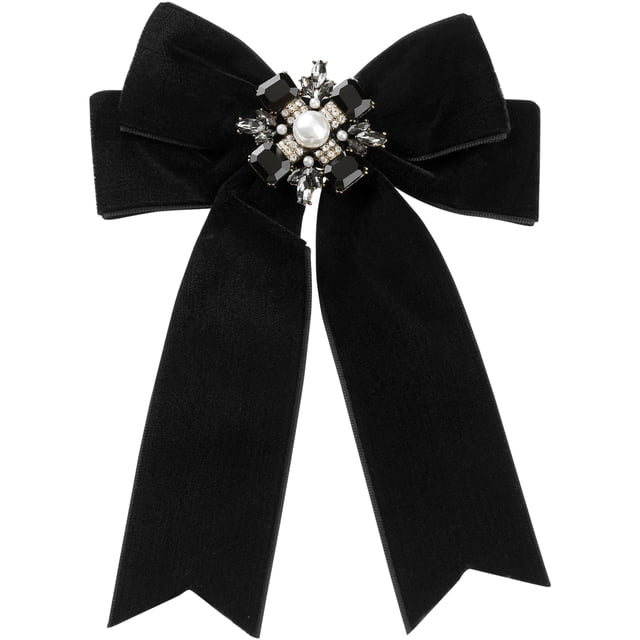 Broche de lazo de terciopelo negro preatado elegante de INSPIRE CHIC con imitación de perlas y rhinestones