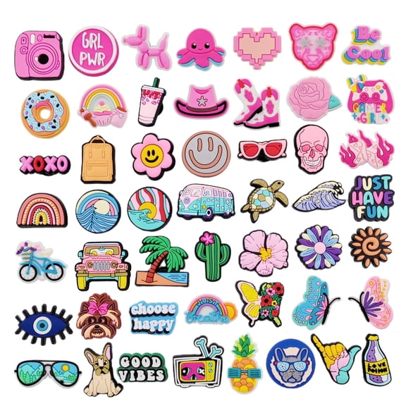 Tonatita 50 Pcs Different Shoe Charms for Clog Shoe Decoration, Cute Preppy Hippie Charms for Girls Boys Teens Adults, Cute Cartoon Decorations Accessories for Gift