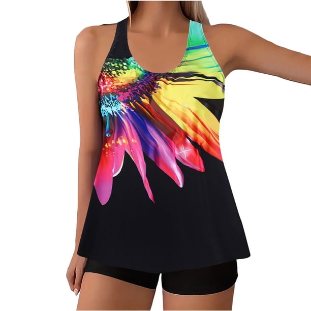 Traje de Baño de Bikini de Mujer Grande Impresión Dividida Conservadora con Cuello en V Traje de Baño de Tankini sin Mangas para la Piscina de la Playa de Verano