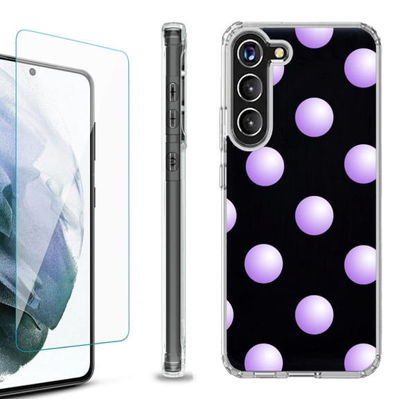 OneToughShield ® for Samsung Galaxy S23 S23 Plus 5G Shockproof Bumper Phone Case, with Tempered Glass Screen Protector - Polka Dot / Purple
