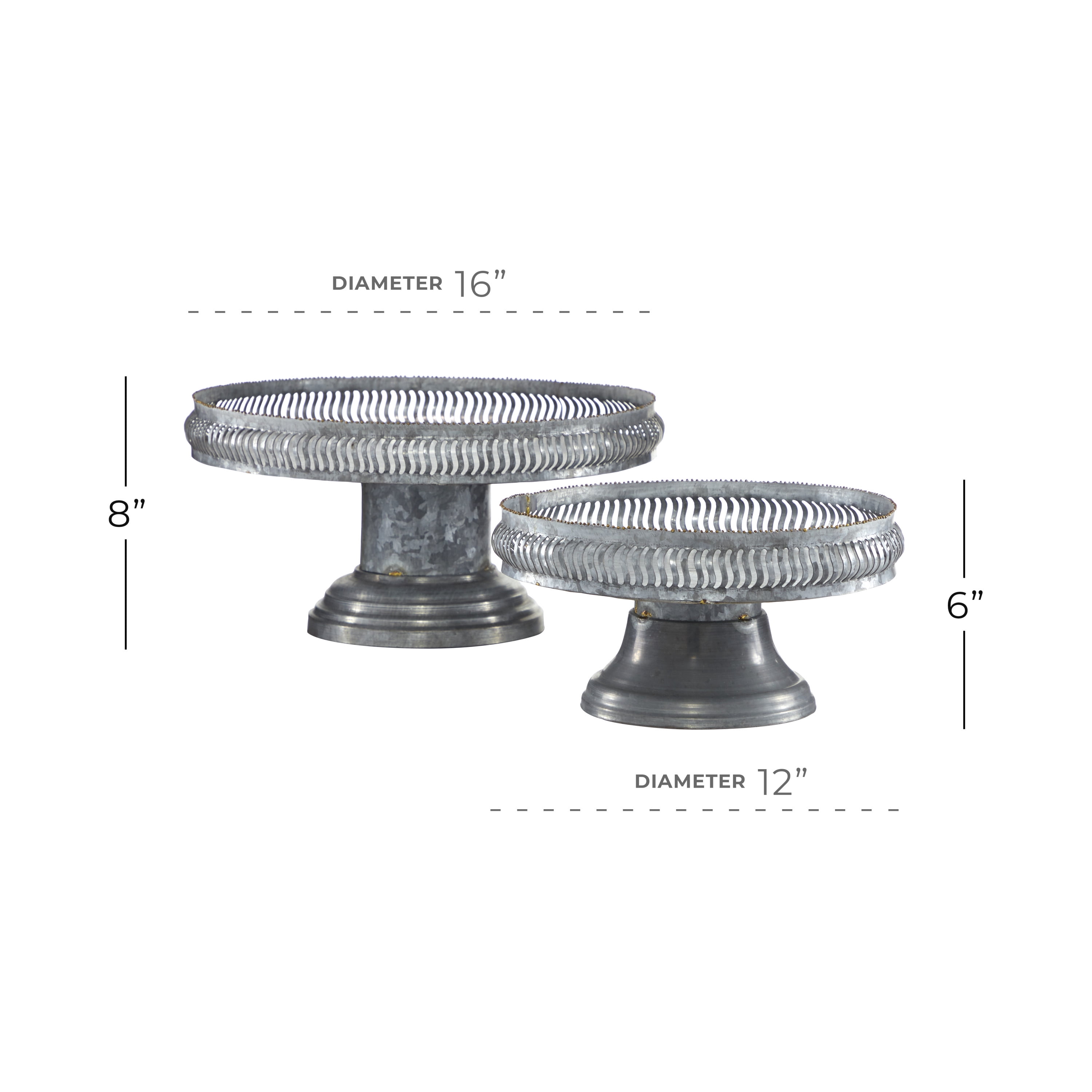 DecMode 12", 16"W Gray Metal Galvanized Cake Stand, 2-Pieces