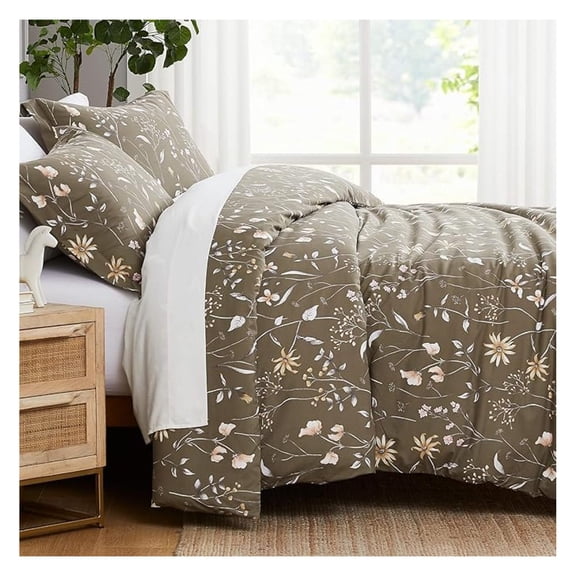 3-Piece Full/Queen Size Comforter Set, Down All-Season Floral Comforter with Matching Shams, Soft Microfiber Bedspread, Full or Queen Bed, Secret Meadow Brown