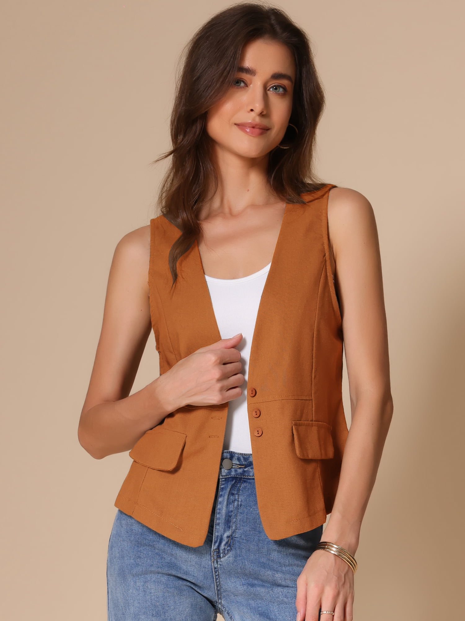 DARING DIVA Womens Linen Vest Loose Sleeveless Blazer Lightweight Jacket M Orange