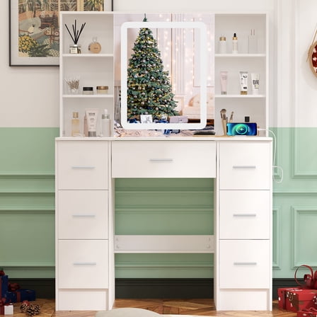 Teousev Vanity Desk with Lighted Mirror, 7 Drawers & Shelves, 3-Color Light Modes, White Makeup Table