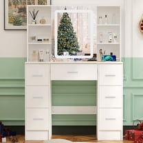 Teousev Vanity Desk with Lighted Mirror, 7 Drawers & Shelves, 3-Color Light Modes, White Makeup Table