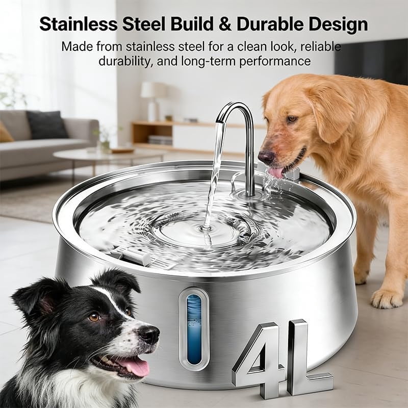 Stainless Steel Dog Fountain, 4L Filtered Water Bowl,Watering Systems Quadruple Purification,Transparent Window for Easy Disassembly and Cleaning