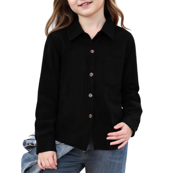 bbyeadc Shirts for Girls Solid Button Down with Pocket Collared Neck Top Comfy Cap Sleeve Relaxed Casual Clothing,Black(110)