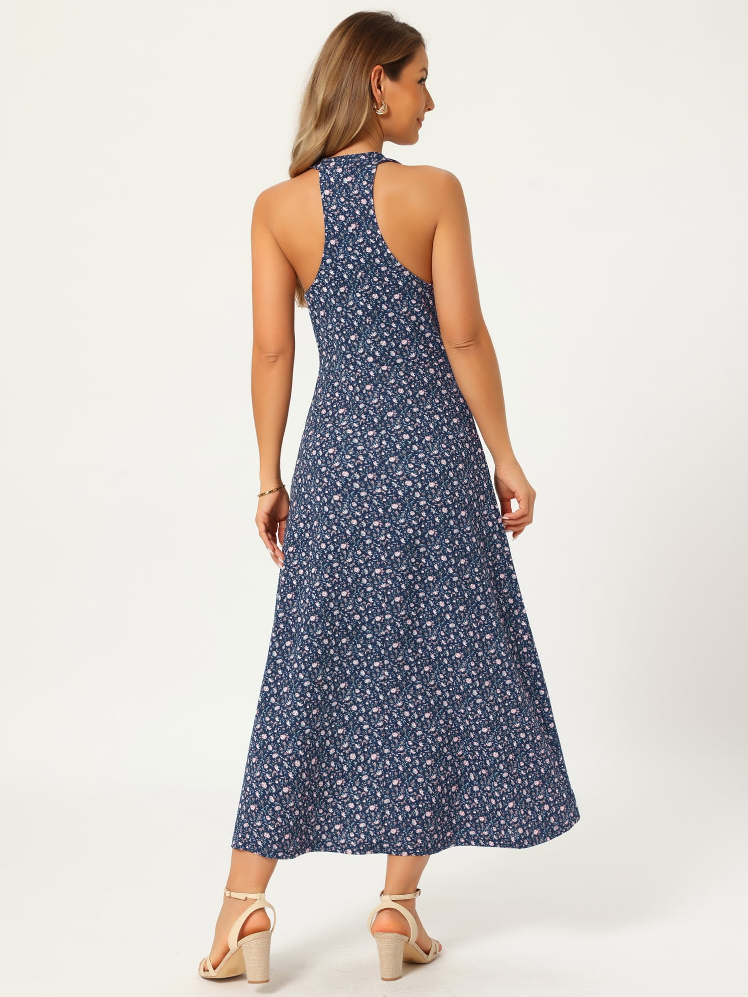 DARING DIVA Women's Halter Sleeveless A-line Maxi Floral Print Casual Sundress M Navy