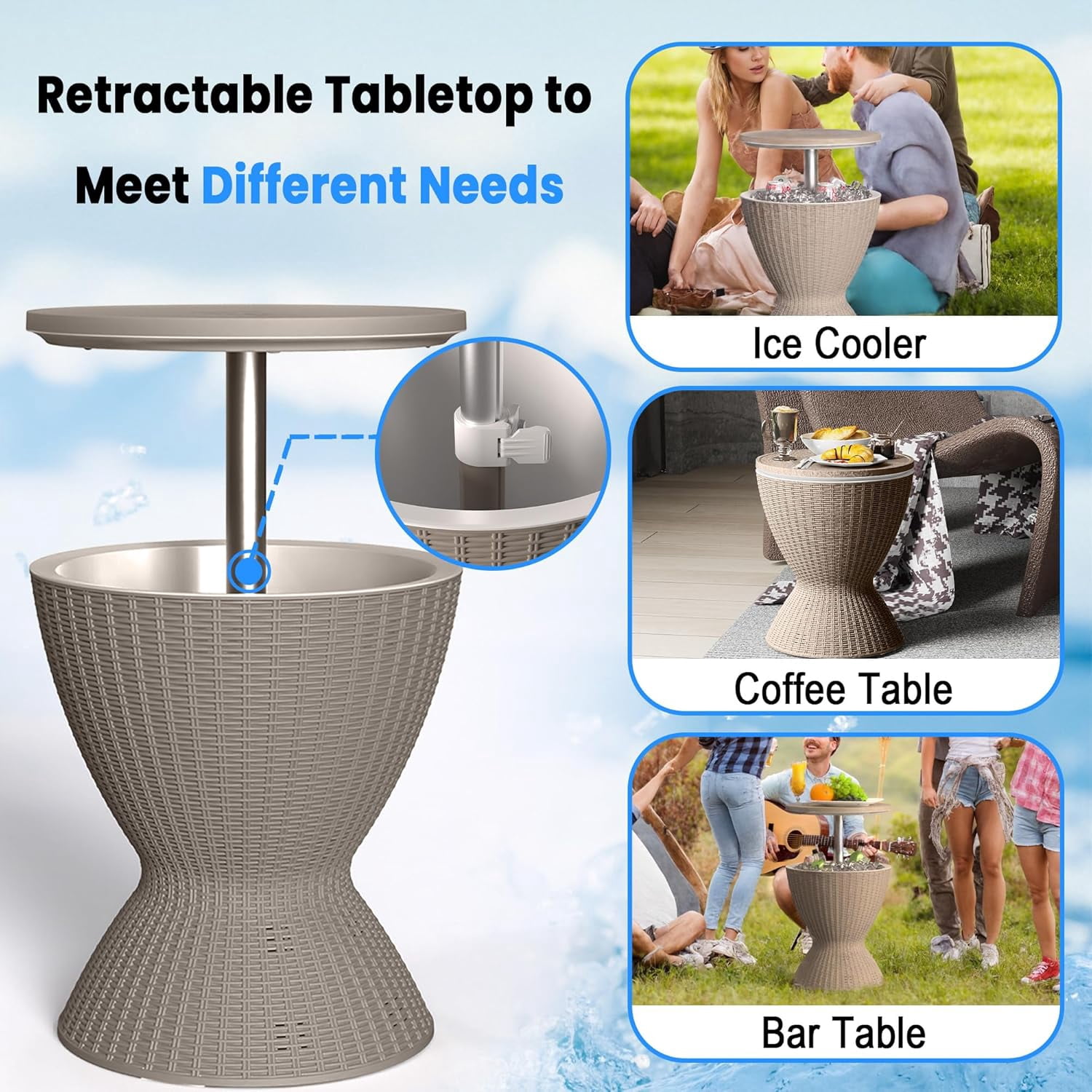 3-in-1 Resin Ice Bucket & Cooler – Wood-Look Patio Table with UV Protection & Drain Plug, Light Coffee, 19x19x22.6in