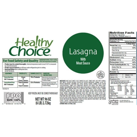 Healthy Choice Lasagna w/ Meat Sauce, 96 oz., Pack of