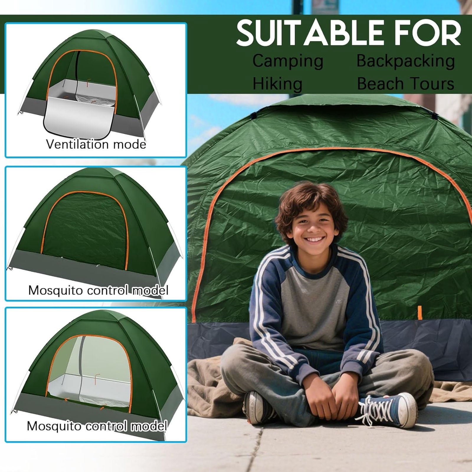 Outdoor Camping Tent, 1-2 Person Folding Pop up Tent, Easy Setup & UV Protection, Waterproof Lightweight Backpacking Dome Tents for Family, Hiking, Outdoor, Travel, Picnic, Green