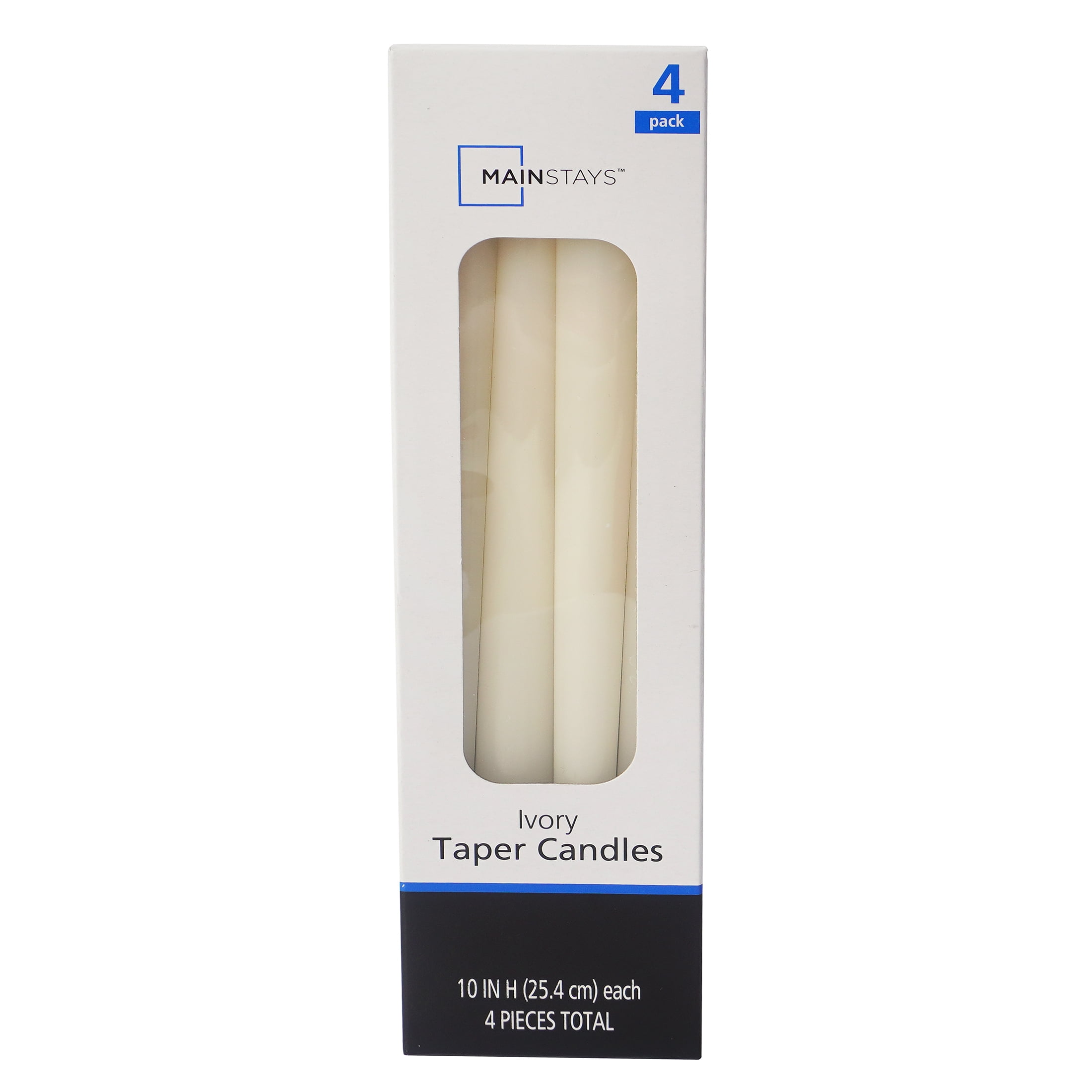 Mainstays Single Wick 10" Taper Candle, Unscented, Ivory, 4 Pack