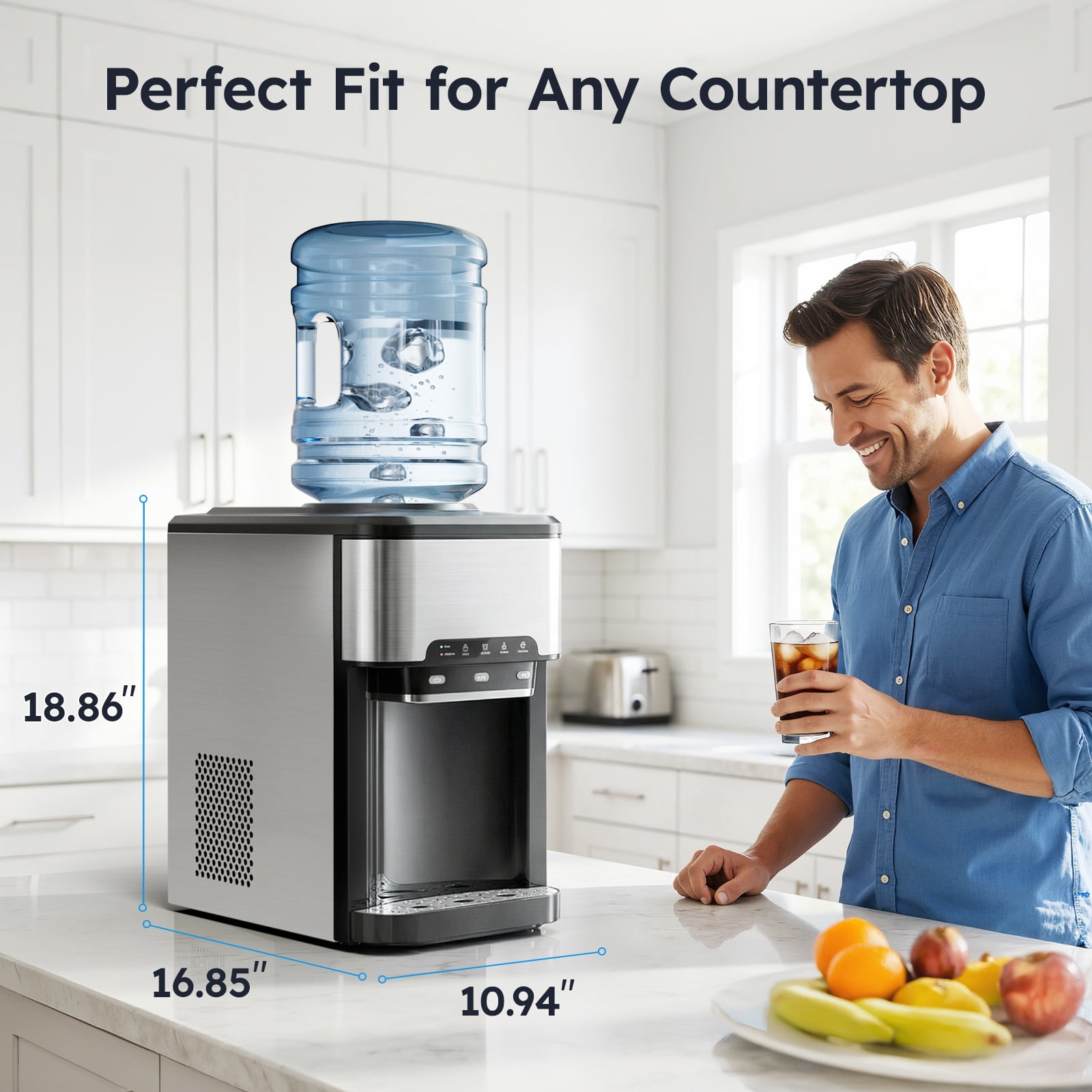 Joreek 3-in-1 Water Dispenser with Ice Maker, Cold & Hot Water Dispenser with Countertop Ice Maker, Loading 3 or 5 Gallon Bottle for Home/Kitchen/Office