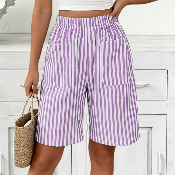 Kinrui Striped Bermuda Shorts for Women Casual Elastic Waist Summer Beach Long Shorts with Pocket,Size S-2XL
