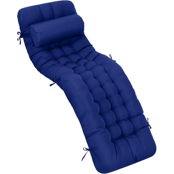 1 Pcs Blue 66'' Outdoor Chaise Lounge Cushion Waterproof Patio Lawn Pool Chaise Lounge Cushion with Headrest Pillow & Ties Weather Fade Resistant Replacement Longue Chair Pad